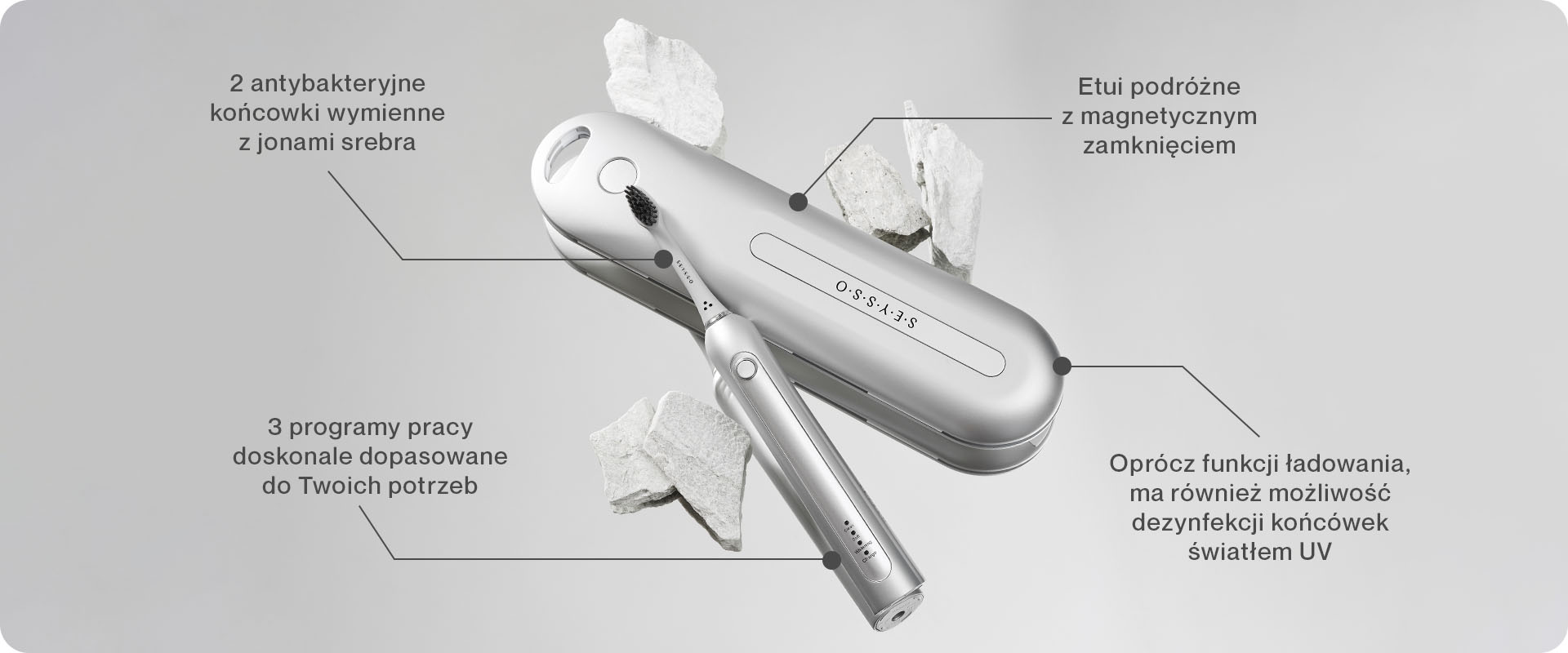 Seysso Silver Professional szczoteczka soniczna srebrna z etui podróżnym i sanitazerem UV