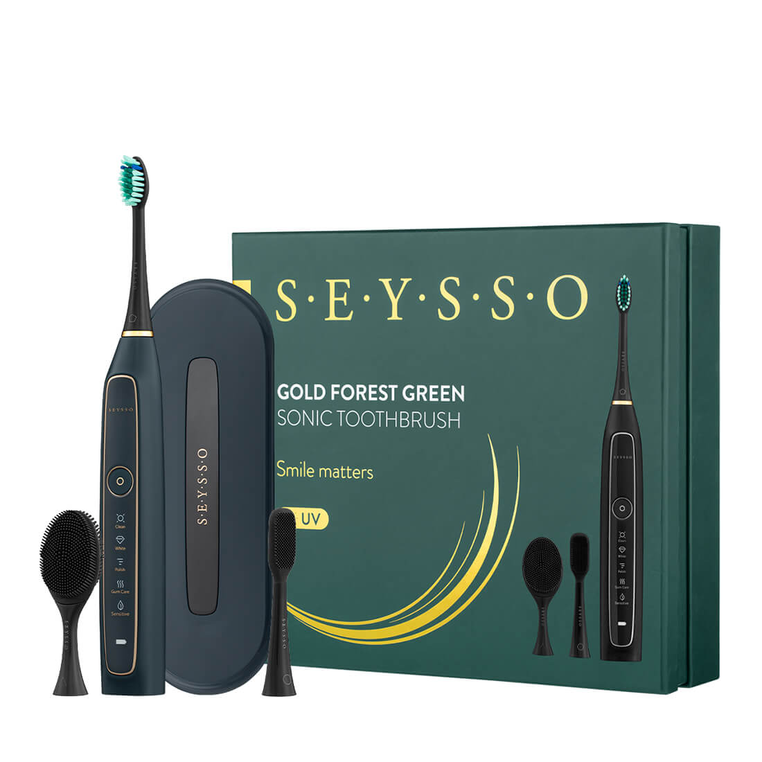 Elementy zestawu SEYSSO Gold Forest Green szczoteczka soniczna do zębów i twarzy