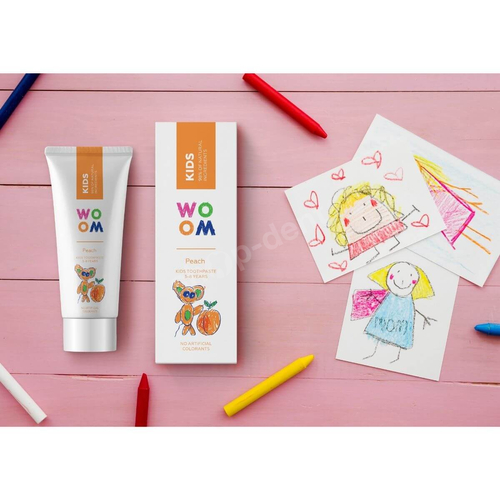 WOOM Kids Peach Naturalna pasta do zębów dla dzieci 3-8 lat z fluorem o smaku brzoskwiniowym 50 ml