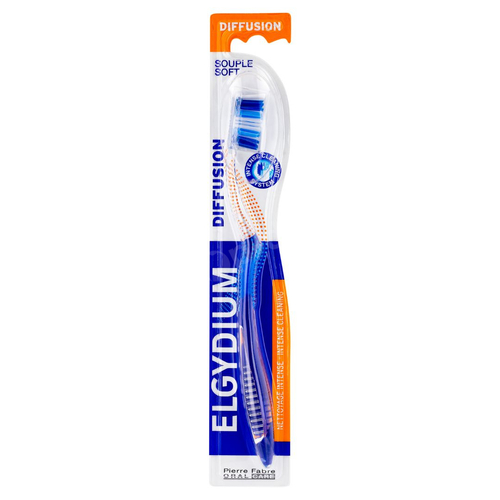 Elgydium  Diffusion Soft - szczoteczka do zębów z powierzchnią do czyszczenia języka (miękka)